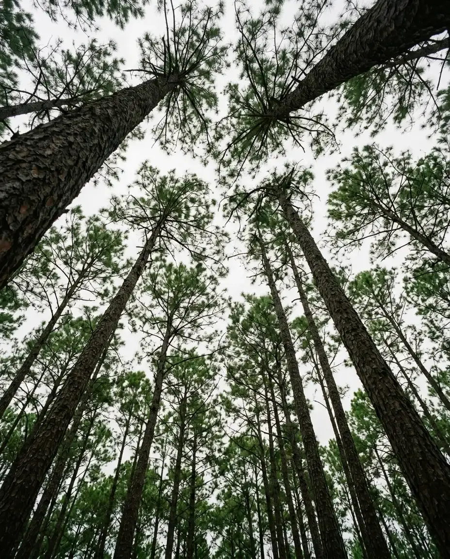 Looking up through a tall longleaf pine canopy toward an overcast sky in the South Carolina Lowcountry.