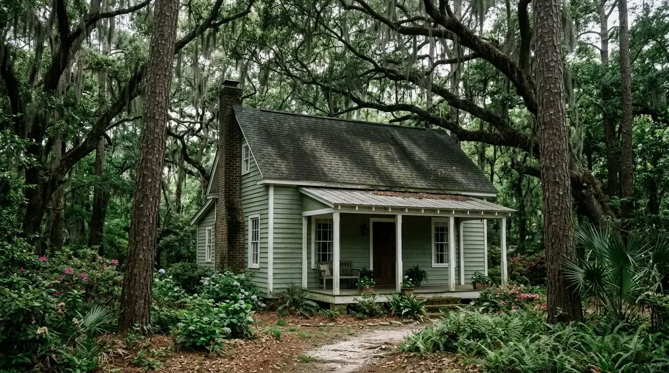 A historic Summerville cottage under a dense pine and live oak canopy on an overcast day, its shingle roof shaded and dappled with light.